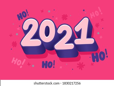 New Year 2021 vector greeting card template. Trendy retro font number on red background. Decorative childish hand drawn fir trees doodles. Winter holidays, Christmas festival poster design