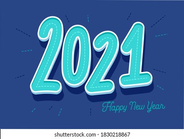 Plantilla de tarjeta de saludo vectorial de Año Nuevo 2021. El moderno número de letra retro en el fondo rojo. 2021 Doodles decorativos de abetos dibujados a mano por niños. Vacaciones de invierno, diseño de afiches para el festival de Navidad