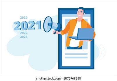 Año Nuevo 2021. Ilustración vectorial para banner web, infografía, móvil. Aplicación Smartphone, mensaje feliz de año nuevo. 