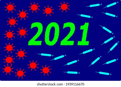 New year 2021 vector with illustration of corona virus and its vaccine.