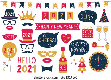 New Year 2021 Vector Photo Booth Props (hats, Eyeglasses, Lips, Mustaches)