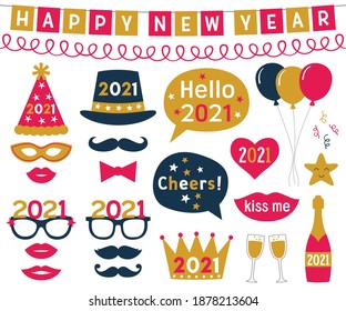 New Year 2021 Vector Photo Booth Props Set