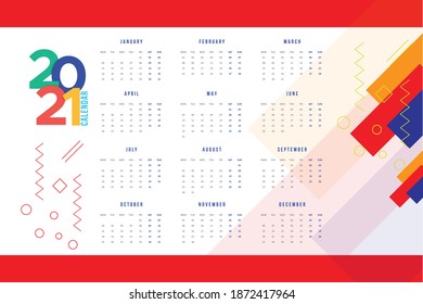 New Year 2021 Wall Calendar, Set of 12 Months Minimal Wall Calendar Template Free Vector illustration, Editable Monthly Wall Calendar 2021, Professional 2021 calendar abstract design template.