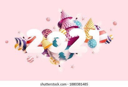 New year 2021. White numbers with christmas decoration. 3D greeting card design.