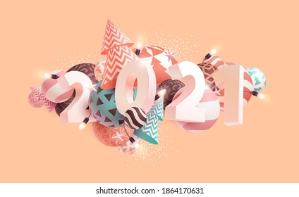 New year 2021.Numbers on abstract geometric background.  3D greeting card design. 