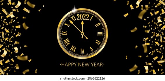 New Year 2022 banner with golden confetti and golden clock on a black background. Eps 10 vector file.