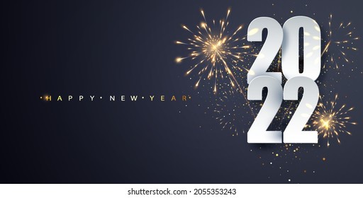 New Year 2022 banner on the background of fireworks. Luxury greeting card Happy New Year. Fireworks celebration background