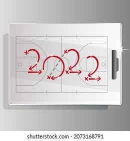 New Year 2022 Basketball strategy for goal red arrows white board background