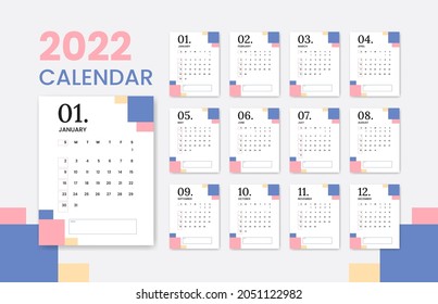 New year of 2022 calendar clean in minimalist table simple style, blue, pink and yellow color pastel, diary planner, week starts sunday.