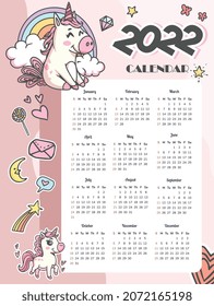 NEW YEAR 2022 CALENDAR IN UNICORN STYLE SKETCH VECTOR