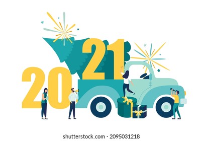 New Year 2022 car Vector illustration little people are preparing for the New Year, are engaged in decoration, the inscription New Year 2022