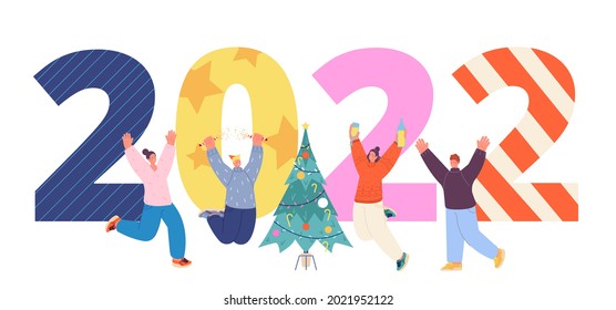 New year 2022 celebrating. People celebrate, happy friends and giant numbers. Christmas holiday characters, office corporate party utter vector banner
