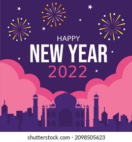 Celebración de Año Nuevo 2022 Escultura Agra India con vector de fuegos artificiales Ilustración Diseño plano perfecto para la fuente de publicaciones en medios sociales editable