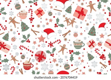 New Year 2022 and Christmas Creative Decorations Vector Seamless Pattern. Stunning Christmas Elements Texture Wallpaper, Gift wrapping paper, Banner Poster Layout or card template design. 