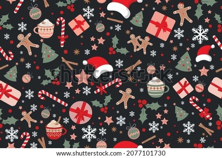 New Year 2022 and Christmas Creative Decorations Vector Seamless Pattern on black. Stunning Christmas Elements Texture Wallpaper, Gift wrapping paper, Banner Poster Layout or card template design. 