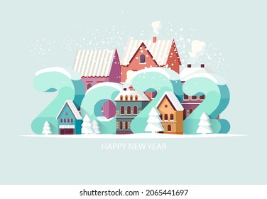 New year 2022. Cityscape with big numbers. Greeting card design