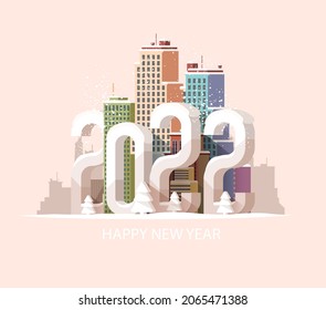 New year 2022. Cityscape with big numbers. Greeting card design