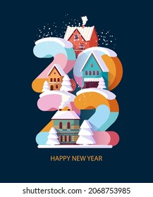 New year 2022. Cityscape with big numbers. Greeting card design