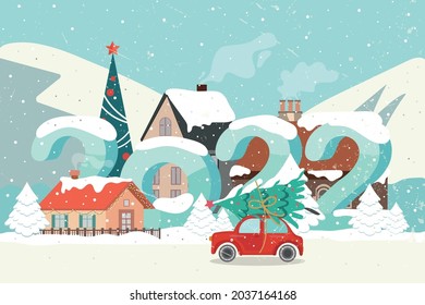 New Year 2022. Cityscape with large numbers. Greeting card design. Retro effect
