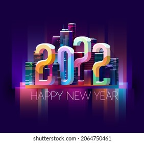 New year 2022. Colorful cityscape with big numbers. Greeting card design