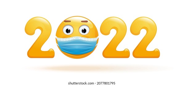 Diseño conceptual de Año Nuevo 2022. En el número 2022, el emoji con máscara médica sustituye a cero. Ilustración del vector
