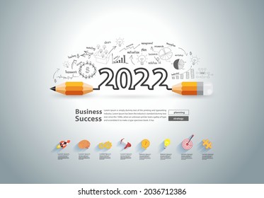 New Year 2022 With Creative Pencil Design On Drawing Charts Graphs Business Success Strategy Plan Ideas Concept, Vector Illustration Modern Layout Template Design