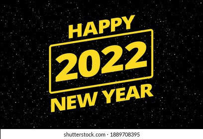 New Year 2022 creative wish for card in retro star space theme - yellow typography Happy New Year 2022 on black night sky background - vector illustration 2022