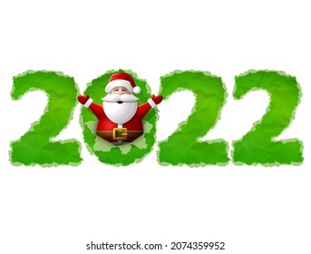 New Year 2022 of crumpled paper isolated on white background. Santa Claus is sticking out of hole in paper with his hands up