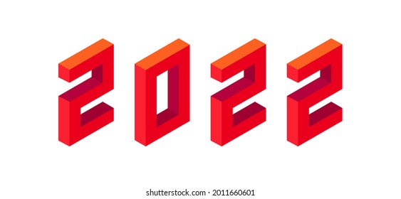 New Year 2022 Design for Banner, Calendar, Holidays Flyers or Prints. Isometric style. Red color on white background. Vector illustration