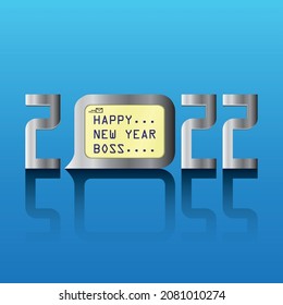new year 2022 design with silver color and the words "happy new year boss" in the middle of the zero which is an illustration of a digital clock, perfect for beautifying your new tajun design in 2022