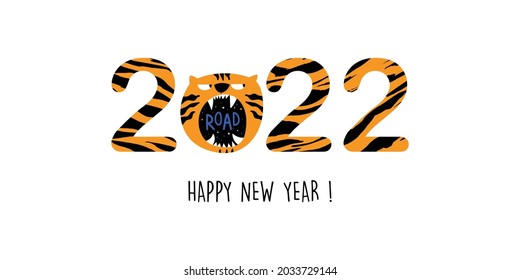 New year 2022 design template with wishes. The year of the tiger of lunar Eastern calendar. Striped fluffy black and orange funny numbers 2022 and face Tiger or cat. Vector illustration