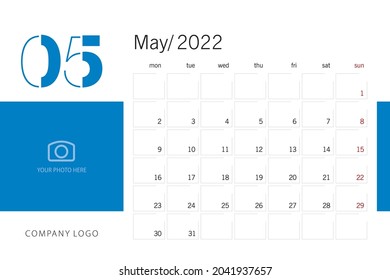 New Year 2022 Desk Calendar Planner 5th month May modern black light typography line design template white blue background