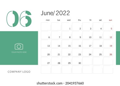 New Year 2022 Desk Calendar Planner 6th month June modern black light typography line design template white sea green background