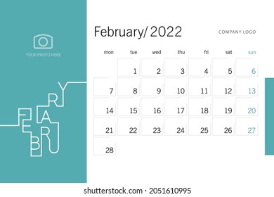 New Year 2022 Desk Calendar Planner 02 month February modern vertical line design typography template sea green background