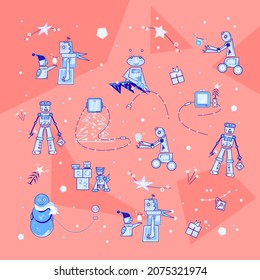 New Year 2022 doodles imaging robots, Christmas card with robots, the set of funny robots at winter, winter doodles reflecting robots at winter holidays.