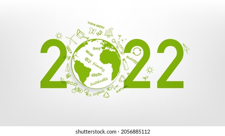 New year 2022 Eco friendly, Sustainability planning concept and World environmental with doodle icons, Vector illustration