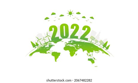New Year 2022 for Ecology concept with green city on earth, World environment and sustainable development concept, vector illustration