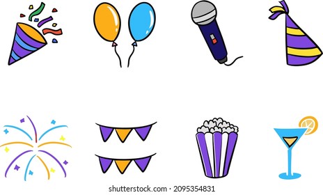 New year 2022 festive celebration icons for greeting cards, flyers. Colorful flat icons illustrations on white background.