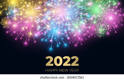 New year 2022 festive vector background with fireworks and sparkle celebration lights. Merry christmas and happy new 2022 year colorful firework. Abstract festive xmas background. New year sparkle.