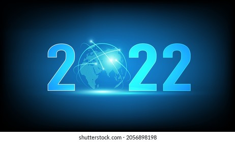 Año Nuevo 2022 Tecnología abstracta de transformación digital del mundo futurista con fondo azul, ilustración vectorial