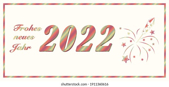 Vector de saludos alemanes de Año Nuevo 2022. Fuegos artificiales, estrellas y cohetes. Fondo blanco.
Traducción del alemán al inglés: Frohes neues Jahr es Feliz Año Nuevo.