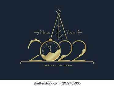 New Year 2022 gold numbers typography greeting card design with clock, xmas tree and decoration on dark background. Merry Christmas golden illustration.