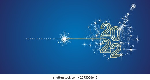 New Year 2022 golden triple line design typography light firework champagne blue background greeting card