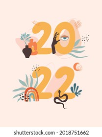 New year 2022 greeting card in pastel colors. Boho drawing abstract with evil eye, leaf, rainbow, hand magic, moon, snake, pottery. Template for New 2022 Year, gift tag, calendar, Stickers, Invitation