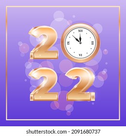 New Year 2022 greeting card template. Golden 3D numbers and a Christmas ball decorated with a clock on a violet bokeh background with sparkles. Vector 10 EPS.