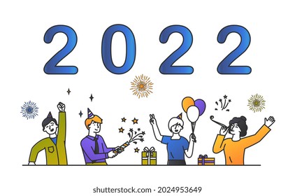 New Year 2022. Group of people celebrating coming of new year. Waiting for winter holiday. Company of people happy. New year and christmas banner. Flat vector illustration isolated on white background