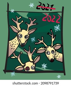 New year. 2022. Happy new year card.Vector illustration with deers. Ironic. Cartoon. Hand drawing.