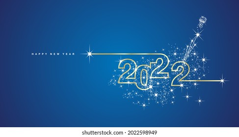 New Year 2022 line design sparkle firework open champagne gold white blue vector banner