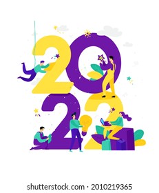 New year 2022. Meeting the new year. Vector. Business people greet Christmas and New Year. New Horizons. Preparation for the holiday. Businessmen in different situations. Ideas and tasks.