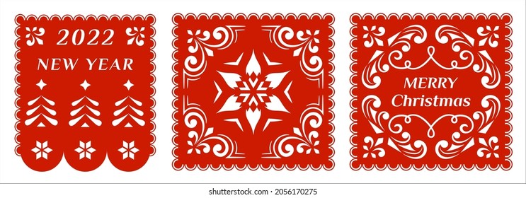 New Year 2022, Merry Christmas. Mexican Papel Picado banners, garlands,  holiday decorations.